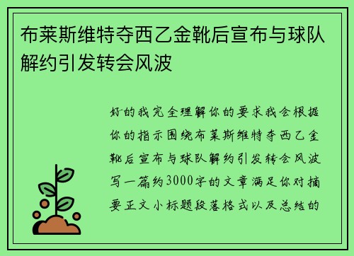 布莱斯维特夺西乙金靴后宣布与球队解约引发转会风波